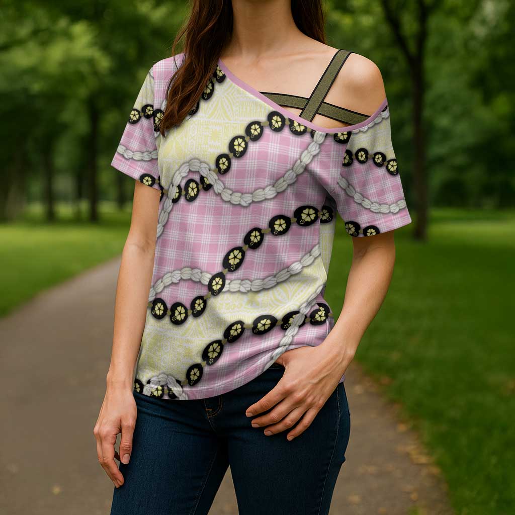 Pink Palaka Hawaii Cross Shoulder Shirt Kukui Nut Pikake Lei Hawaiian Tapa Pattern - Polynesian Pride
