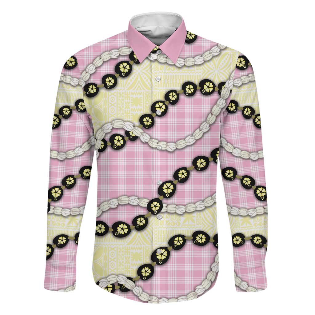 Pink Palaka Hawaii Family Matching Long Sleeve Bodycon Dress and Hawaiian Shirt Kukui Nut Pikake Lei Hawaiian Tapa Pattern LT14 Dad's Shirt - Long Sleeve Pink - Polynesian Pride