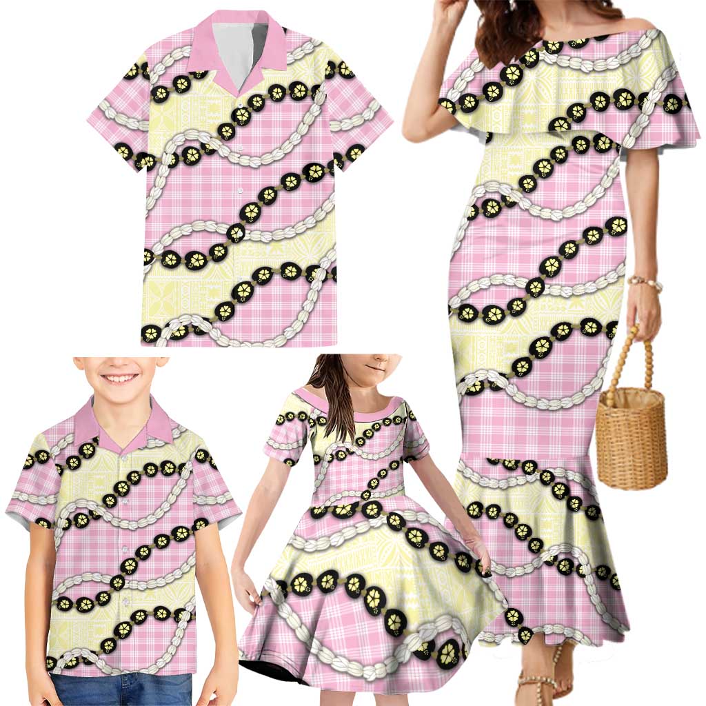 Pink Palaka Hawaii Family Matching Mermaid Dress and Hawaiian Shirt Kukui Nut Pikake Lei Hawaiian Tapa Pattern - Polynesian Pride