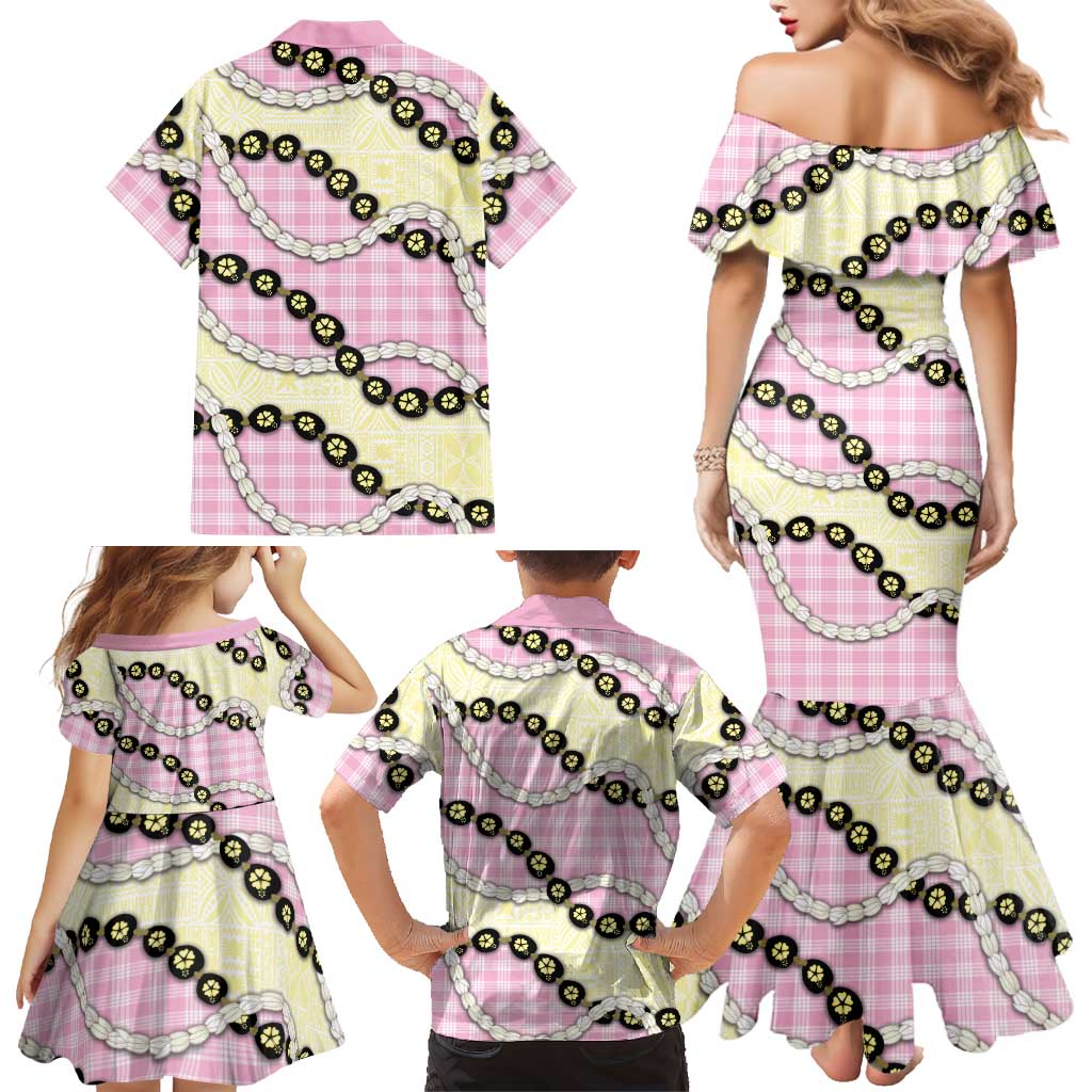 Pink Palaka Hawaii Family Matching Mermaid Dress and Hawaiian Shirt Kukui Nut Pikake Lei Hawaiian Tapa Pattern LT14 - Polynesian Pride
