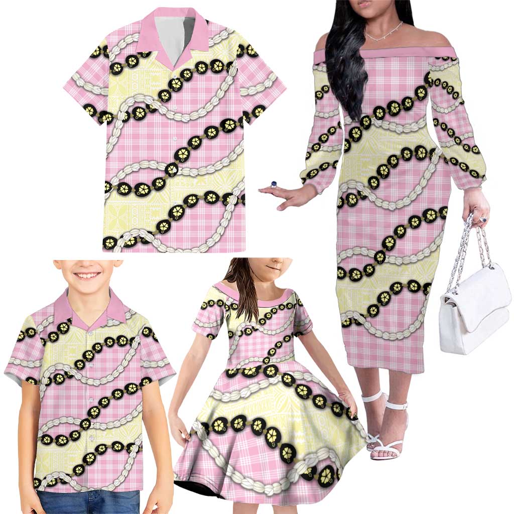 Pink Palaka Hawaii Family Matching Off The Shoulder Long Sleeve Dress and Hawaiian Shirt Kukui Nut Pikake Lei Hawaiian Tapa Pattern LT14 - Polynesian Pride