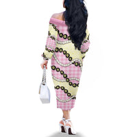 Pink Palaka Hawaii Family Matching Off The Shoulder Long Sleeve Dress and Hawaiian Shirt Kukui Nut Pikake Lei Hawaiian Tapa Pattern LT14 - Polynesian Pride
