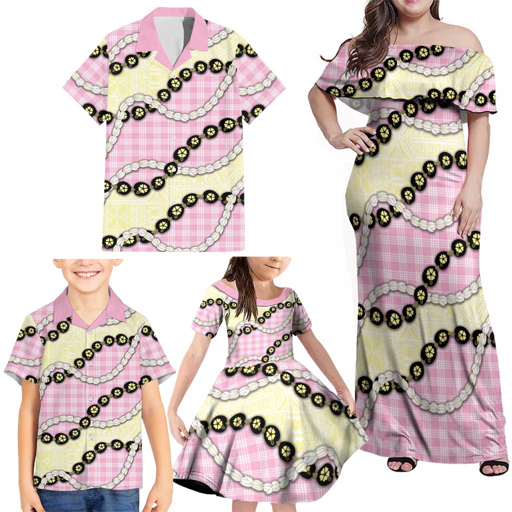 Pink Palaka Hawaii Family Matching Off Shoulder Maxi Dress and Hawaiian Shirt Kukui Nut Pikake Lei Hawaiian Tapa Pattern LT14 - Polynesian Pride