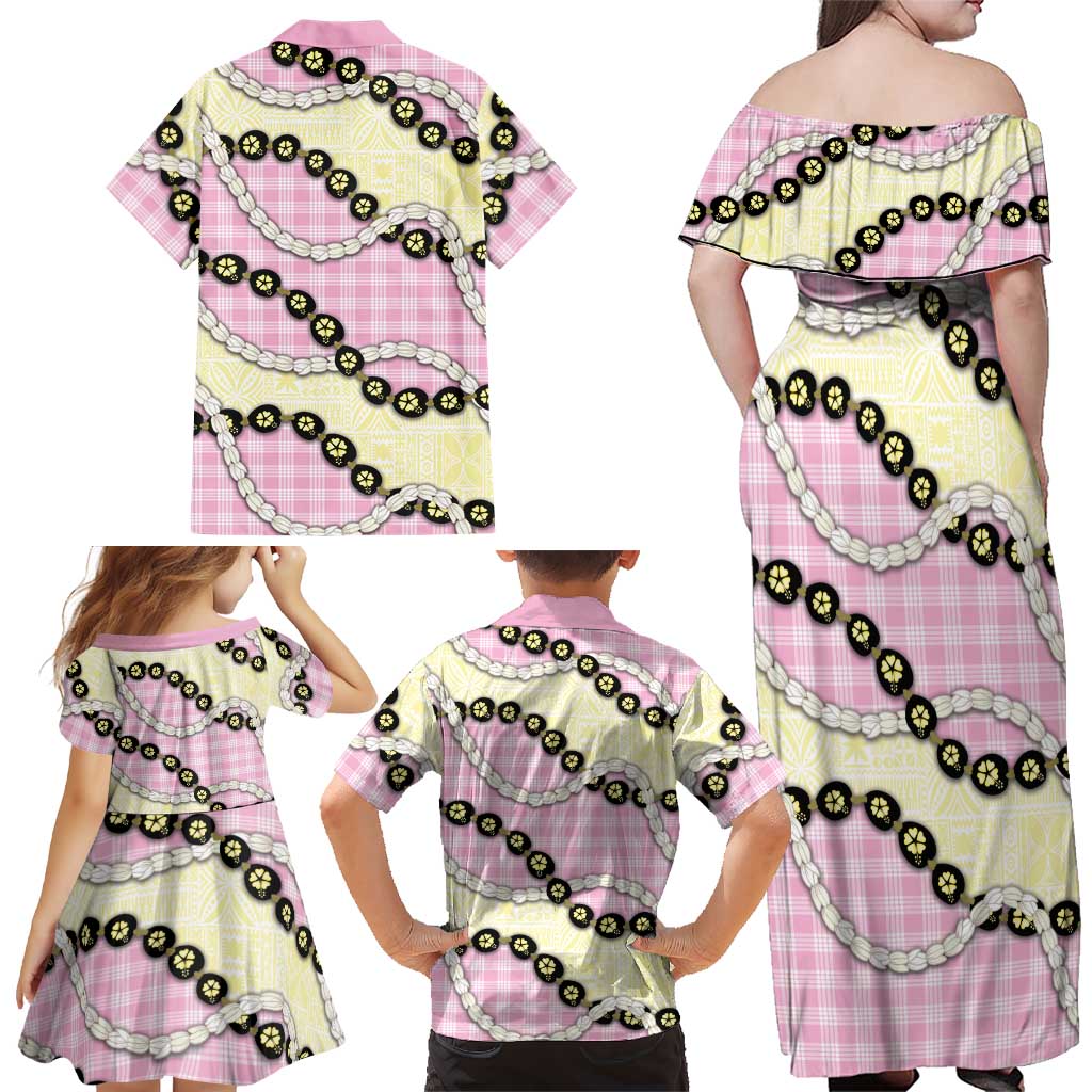 Pink Palaka Hawaii Family Matching Off Shoulder Maxi Dress and Hawaiian Shirt Kukui Nut Pikake Lei Hawaiian Tapa Pattern LT14 - Polynesian Pride
