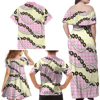 Pink Palaka Hawaii Family Matching Off Shoulder Maxi Dress and Hawaiian Shirt Kukui Nut Pikake Lei Hawaiian Tapa Pattern LT14 - Polynesian Pride