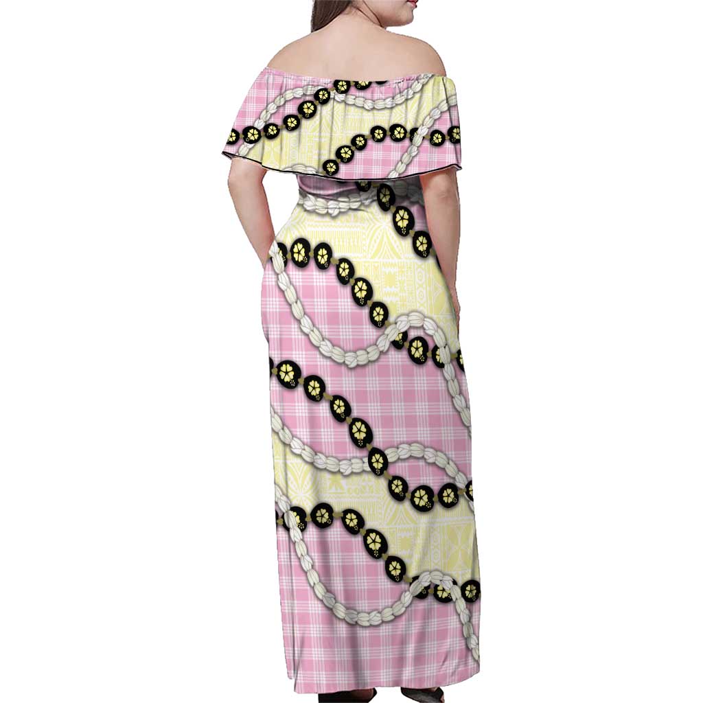 Pink Palaka Hawaii Family Matching Off Shoulder Maxi Dress and Hawaiian Shirt Kukui Nut Pikake Lei Hawaiian Tapa Pattern LT14 - Polynesian Pride