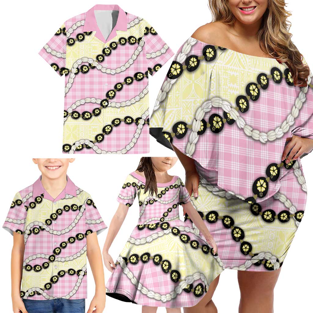 Pink Palaka Hawaii Family Matching Off Shoulder Short Dress and Hawaiian Shirt Kukui Nut Pikake Lei Hawaiian Tapa Pattern - Polynesian Pride
