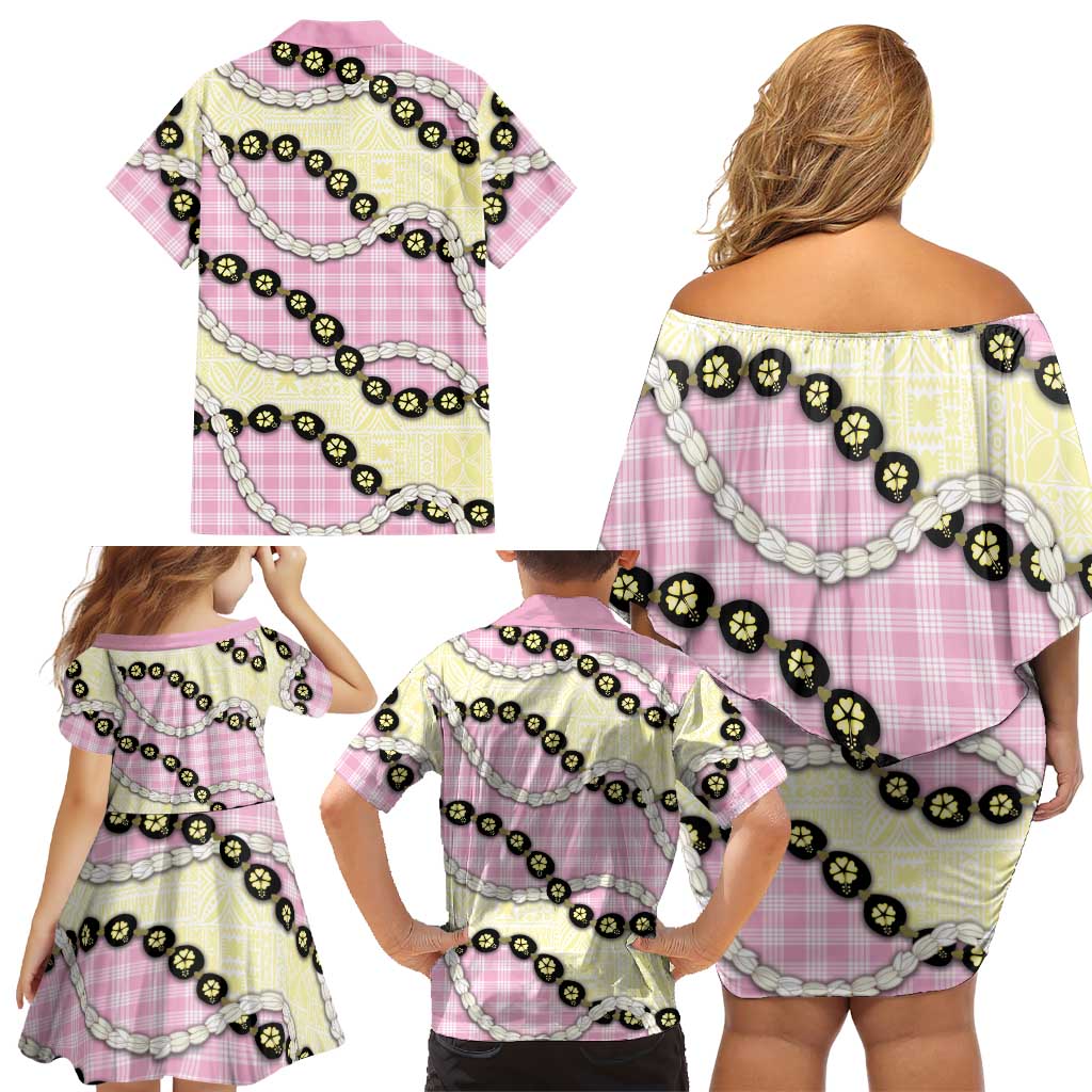 Pink Palaka Hawaii Family Matching Off Shoulder Short Dress and Hawaiian Shirt Kukui Nut Pikake Lei Hawaiian Tapa Pattern LT14 - Polynesian Pride