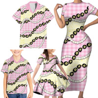 Pink Palaka Hawaii Family Matching Short Sleeve Bodycon Dress and Hawaiian Shirt Kukui Nut Pikake Lei Hawaiian Tapa Pattern LT14 - Polynesian Pride