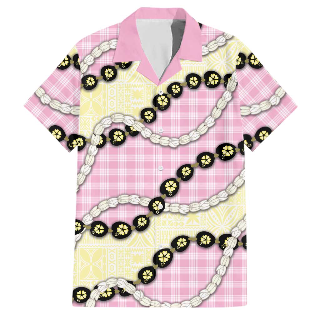 Pink Palaka Hawaii Family Matching Short Sleeve Bodycon Dress and Hawaiian Shirt Kukui Nut Pikake Lei Hawaiian Tapa Pattern LT14 Dad's Shirt - Short Sleeve Pink - Polynesian Pride