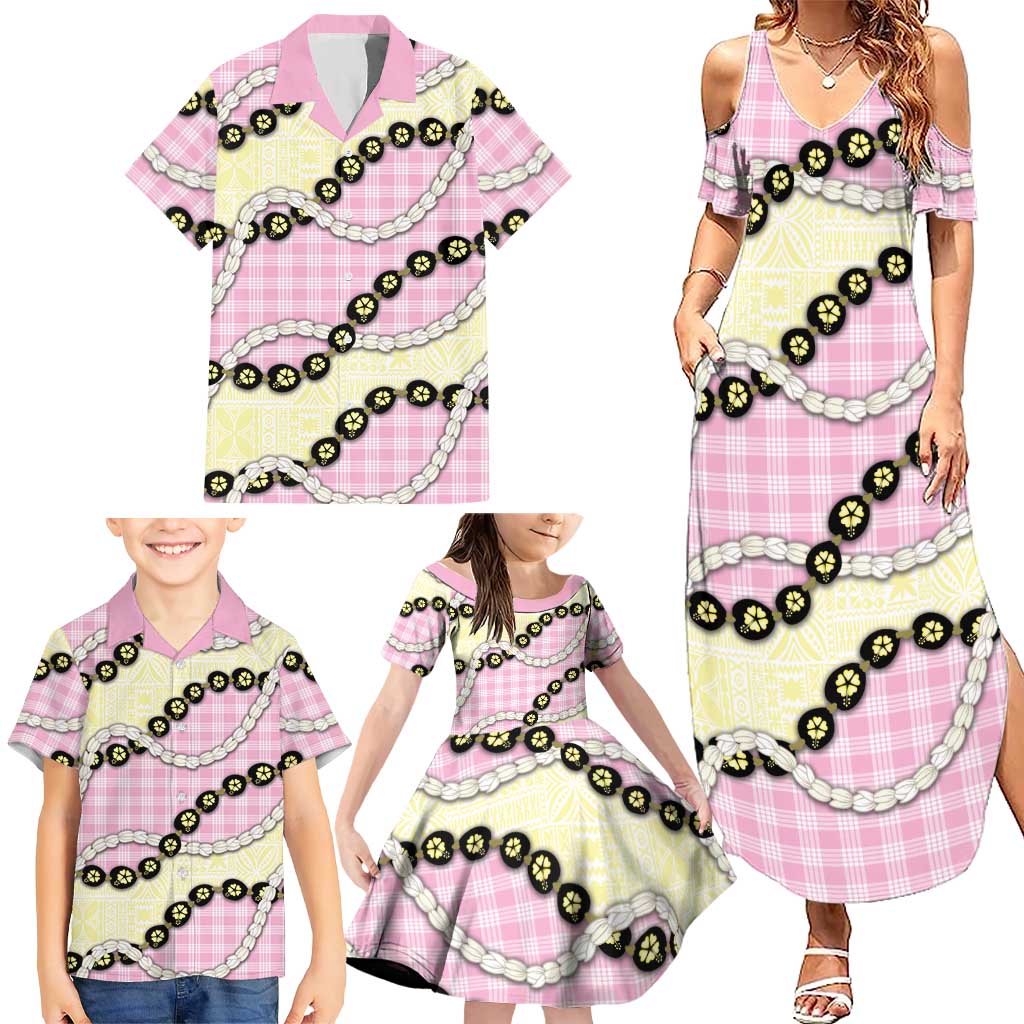 Pink Palaka Hawaii Family Matching Summer Maxi Dress and Hawaiian Shirt Kukui Nut Pikake Lei Hawaiian Tapa Pattern LT14 - Polynesian Pride