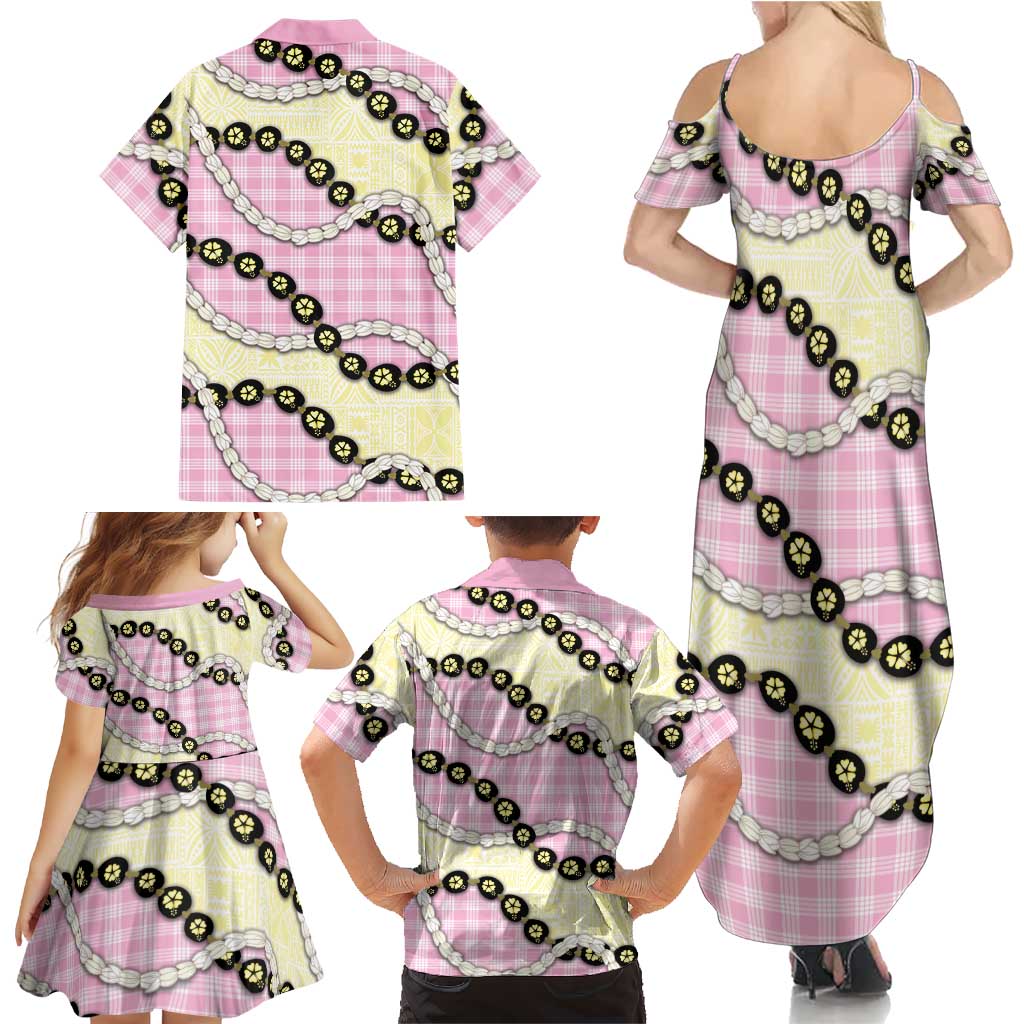 Pink Palaka Hawaii Family Matching Summer Maxi Dress and Hawaiian Shirt Kukui Nut Pikake Lei Hawaiian Tapa Pattern LT14 - Polynesian Pride
