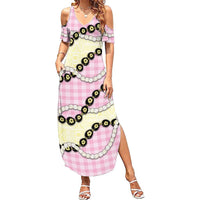 Pink Palaka Hawaii Family Matching Summer Maxi Dress and Hawaiian Shirt Kukui Nut Pikake Lei Hawaiian Tapa Pattern LT14 Mom's Dress Pink - Polynesian Pride