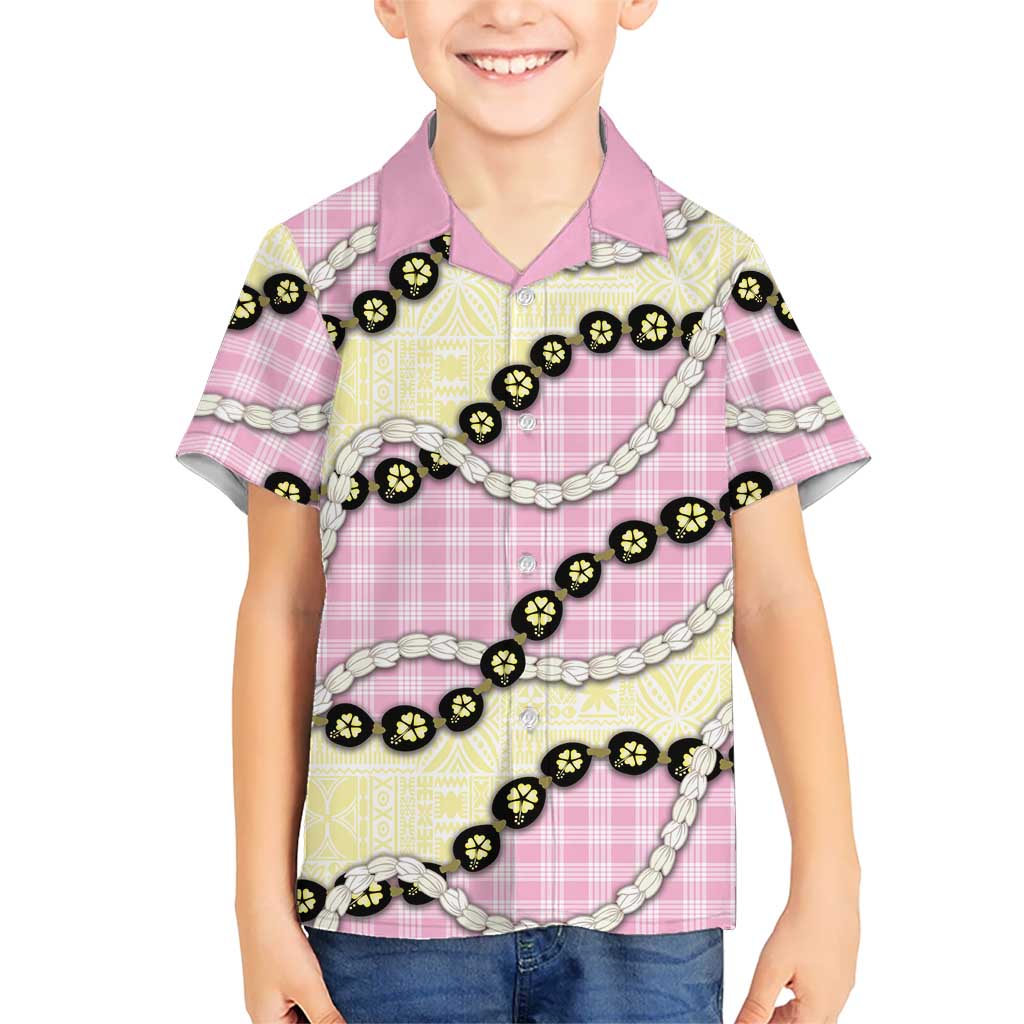 Pink Palaka Hawaii Family Matching Summer Maxi Dress and Hawaiian Shirt Kukui Nut Pikake Lei Hawaiian Tapa Pattern LT14 Son's Shirt Pink - Polynesian Pride