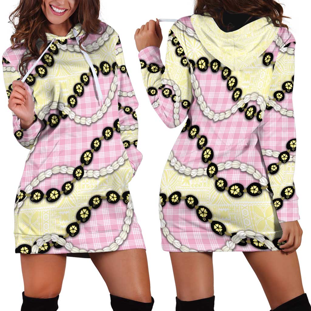 Pink Palaka Hawaii Hoodie Dress Kukui Nut Pikake Lei Hawaiian Tapa Pattern - Polynesian Pride