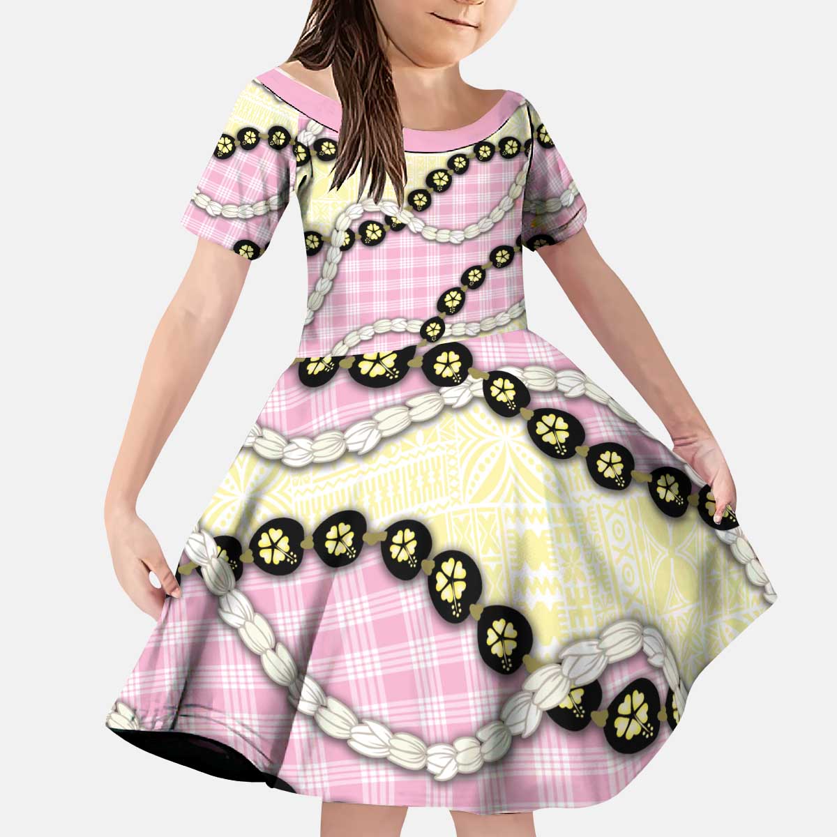 Pink Palaka Hawaii Kid Short Sleeve Dress Kukui Nut Pikake Lei Hawaiian Tapa Pattern - Polynesian Pride