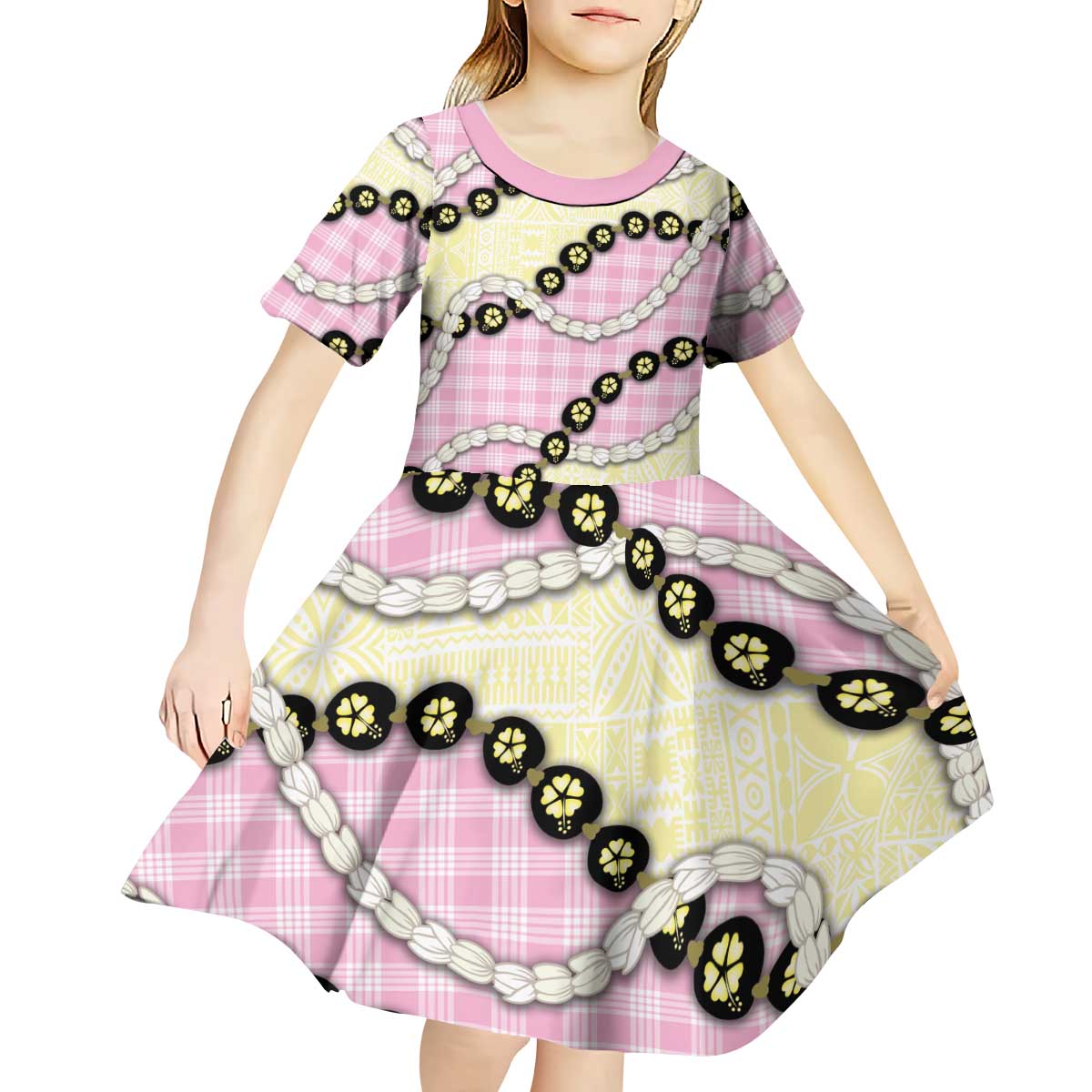 Pink Palaka Hawaii Kid Short Sleeve Dress Kukui Nut Pikake Lei Hawaiian Tapa Pattern - Polynesian Pride