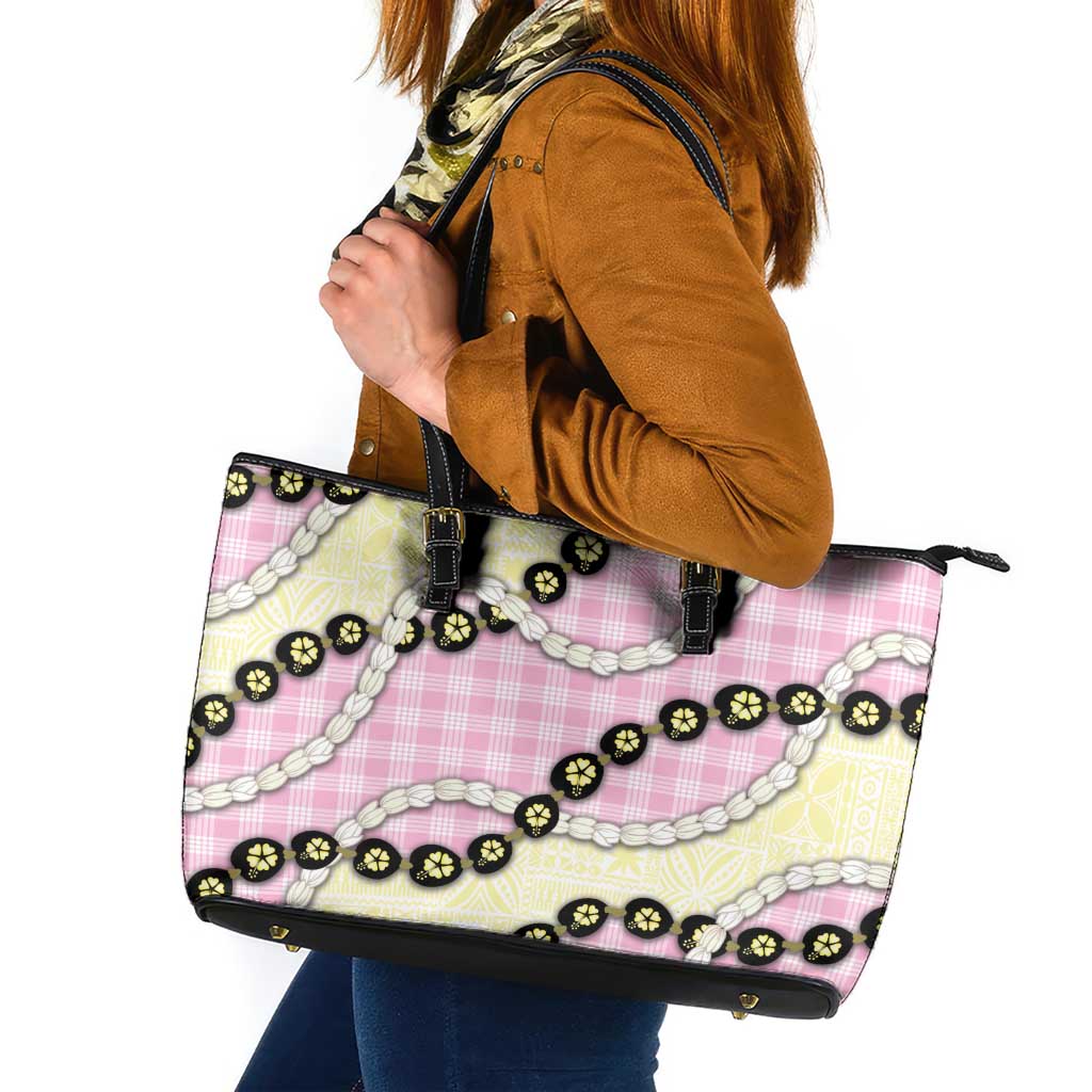 Pink Palaka Hawaii Leather Tote Bag Kukui Nut Pikake Lei Hawaiian Tapa Pattern - Polynesian Pride