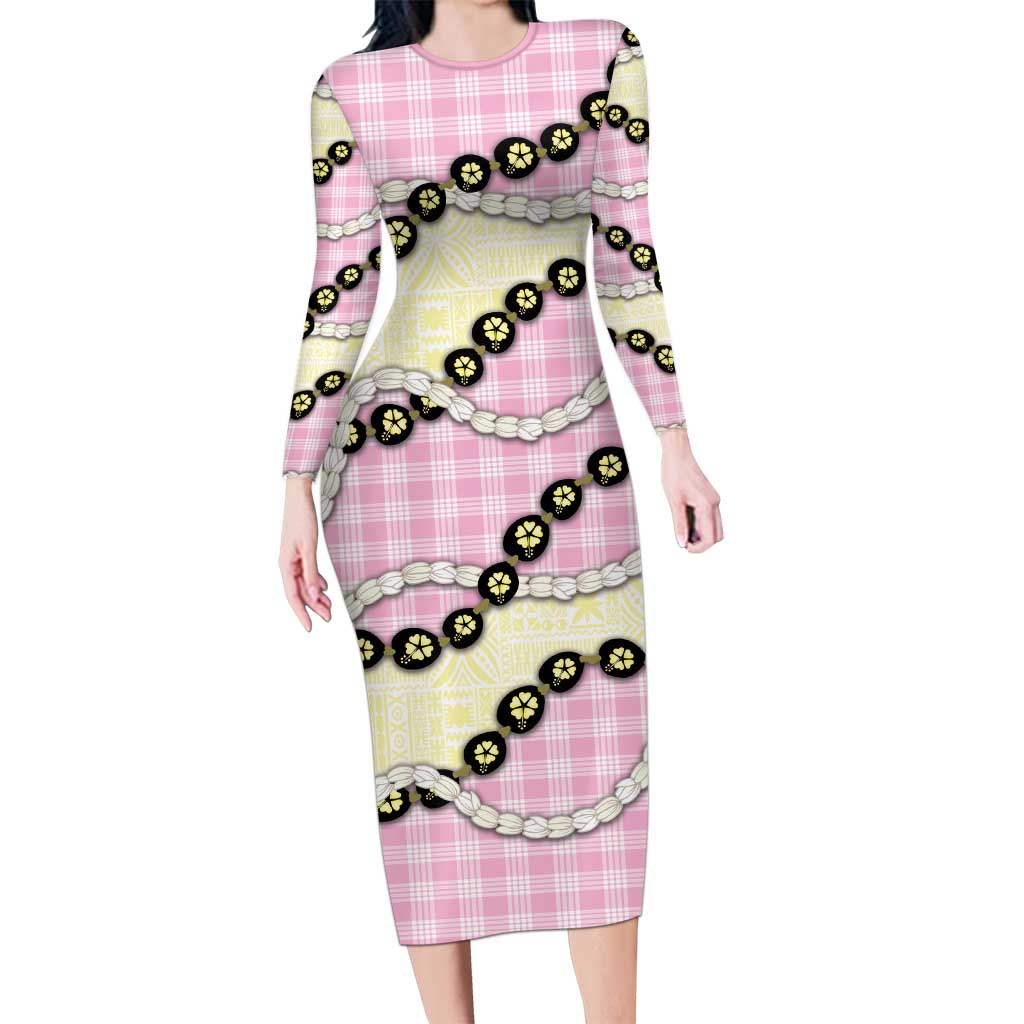 Pink Palaka Hawaii Long Sleeve Bodycon Dress Kukui Nut Pikake Lei Hawaiian Tapa Pattern - Polynesian Pride