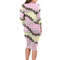 Pink Palaka Hawaii Long Sleeve Bodycon Dress Kukui Nut Pikake Lei Hawaiian Tapa Pattern - Polynesian Pride