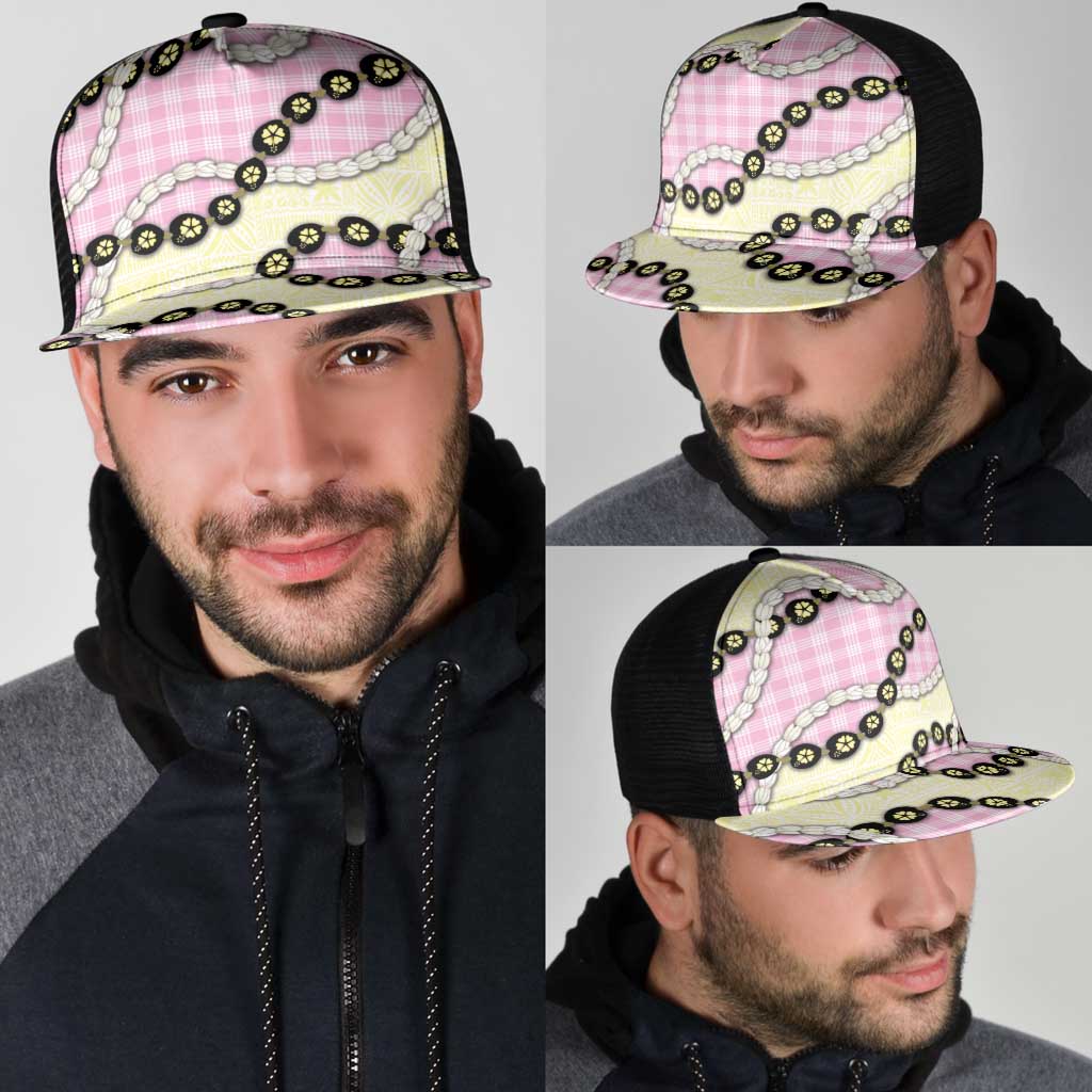 Pink Palaka Hawaii Mesh Trucker Cap Kukui Nut Pikake Lei Hawaiian Tapa Pattern - Polynesian Pride