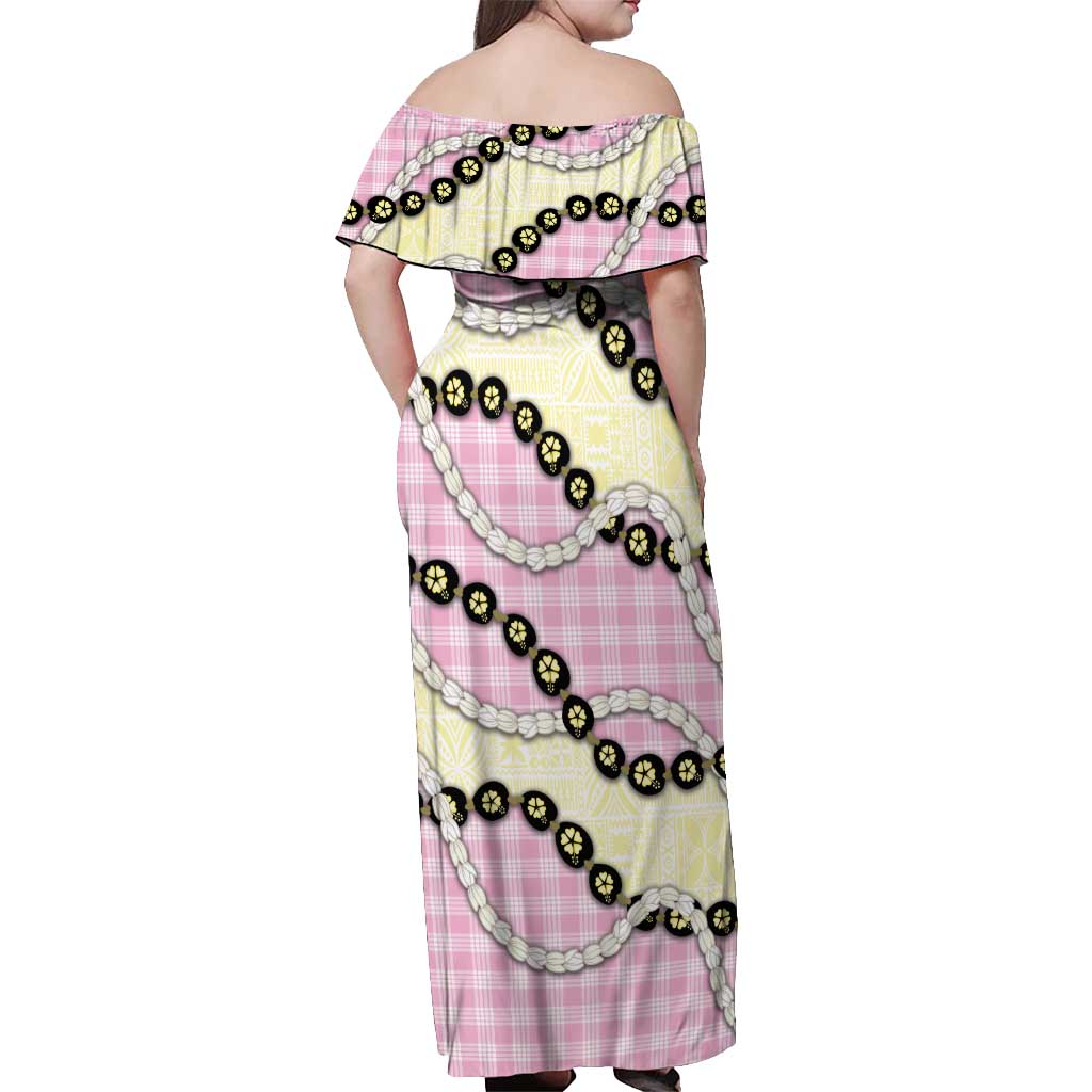 Pink Palaka Hawaii Off Shoulder Maxi Dress Kukui Nut Pikake Lei Hawaiian Tapa Pattern - Polynesian Pride