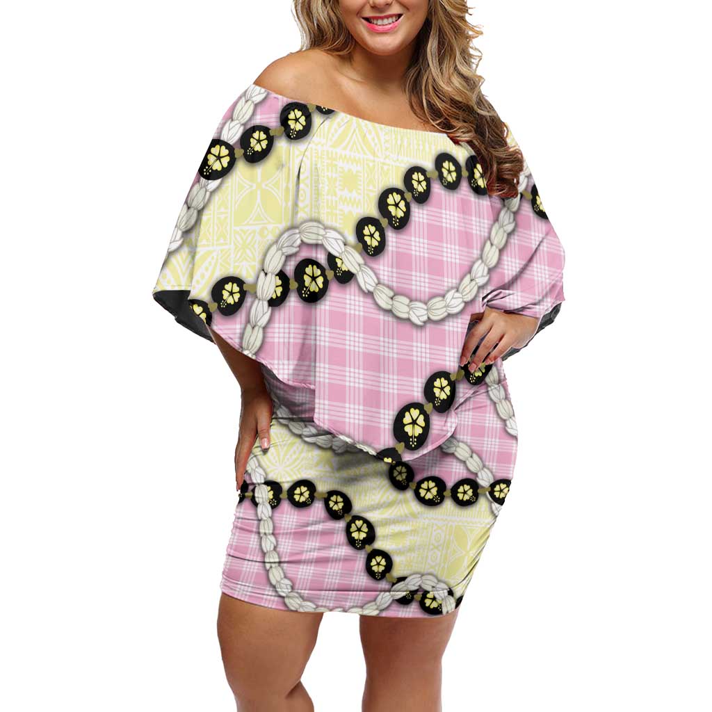 Pink Palaka Hawaii Off Shoulder Short Dress Kukui Nut Pikake Lei Hawaiian Tapa Pattern - Polynesian Pride