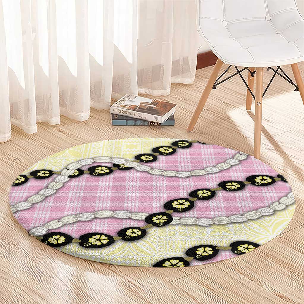 Pink Palaka Hawaii Round Carpet Kukui Nut Pikake Lei Hawaiian Tapa Pattern - Polynesian Pride