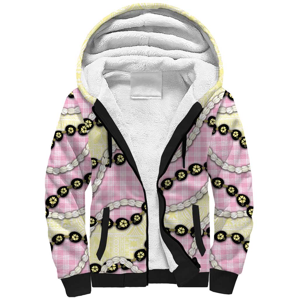 Pink Palaka Hawaii Sherpa Hoodie Kukui Nut Pikake Lei Hawaiian Tapa Pattern - Polynesian Pride