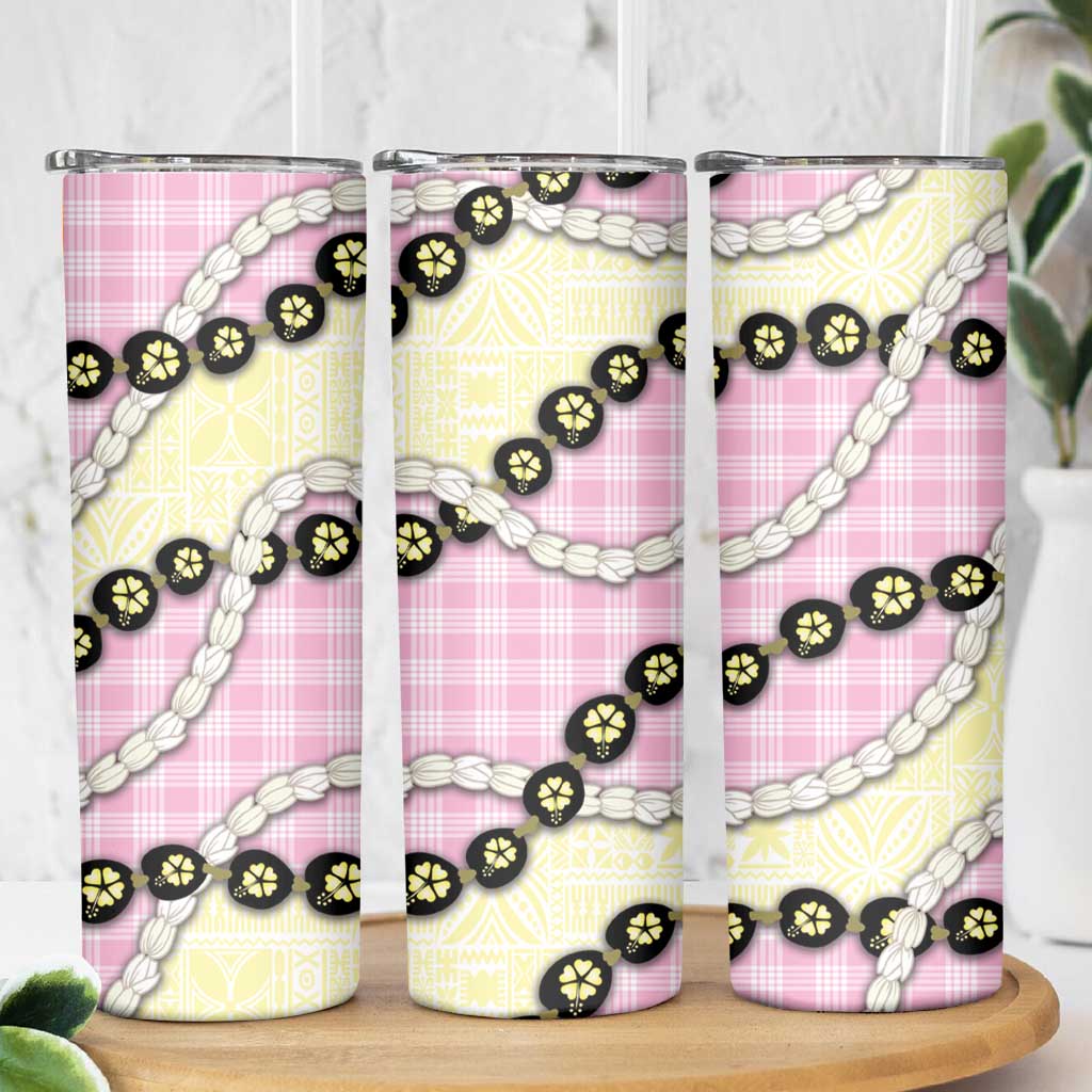 Pink Palaka Hawaii Skinny Tumbler Kukui Nut Pikake Lei Hawaiian Tapa Pattern - Polynesian Pride