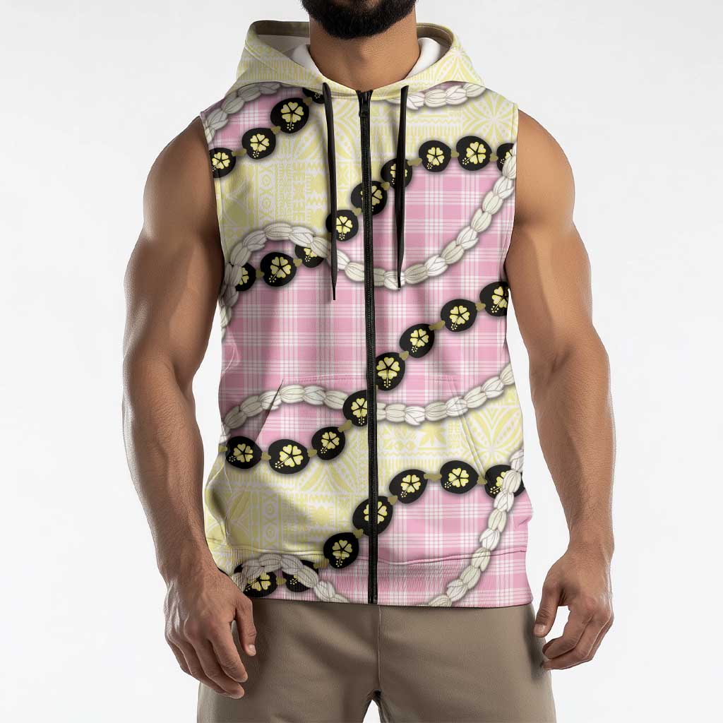 Pink Palaka Hawaii Sleeveless Zip Hoodie Kukui Nut Pikake Lei Hawaiian Tapa Pattern - Polynesian Pride