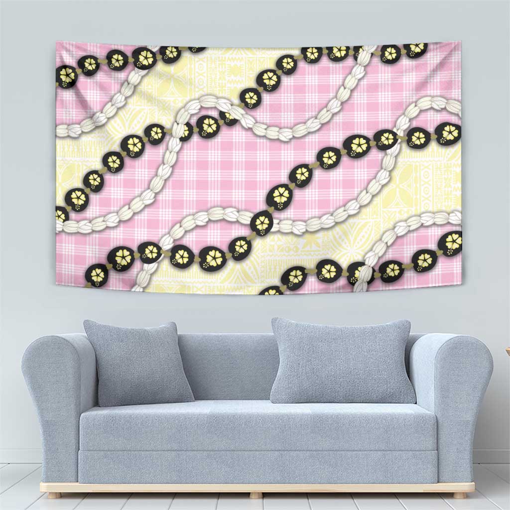 Pink Palaka Hawaii Tapestry Kukui Nut Pikake Lei Hawaiian Tapa Pattern - Polynesian Pride