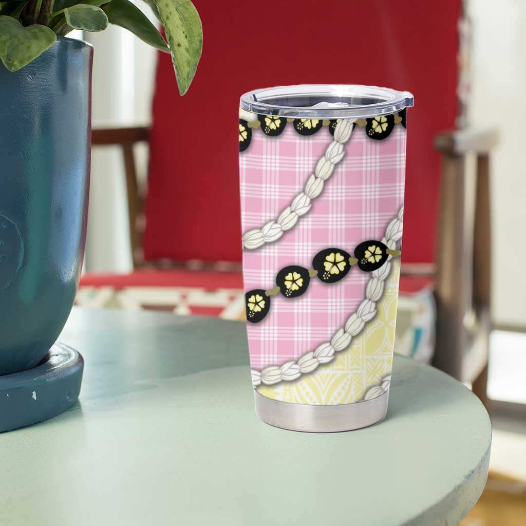 Pink Palaka Hawaii Tumbler Cup Kukui Nut Pikake Lei Hawaiian Tapa Pattern - Polynesian Pride