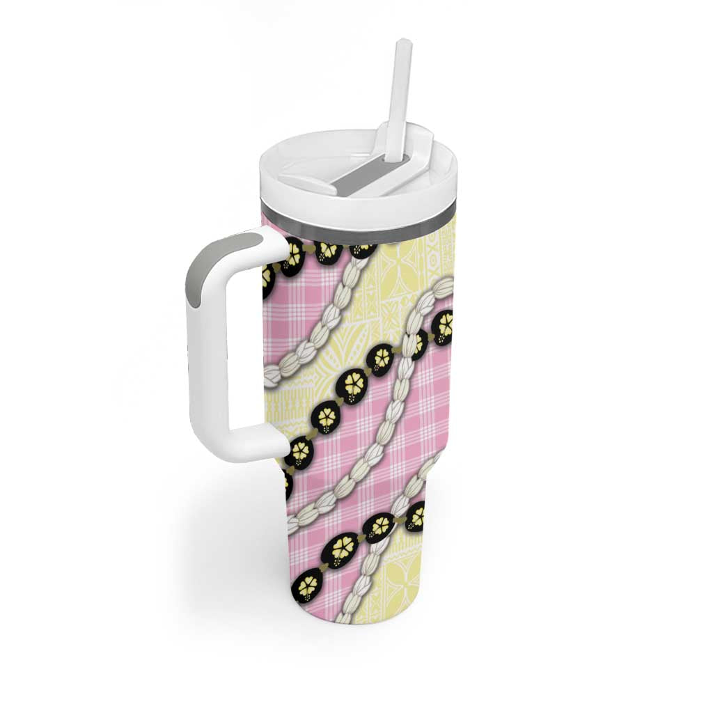 Pink Palaka Hawaii Tumbler With Handle Kukui Nut Pikake Lei Hawaiian Tapa Pattern - Polynesian Pride