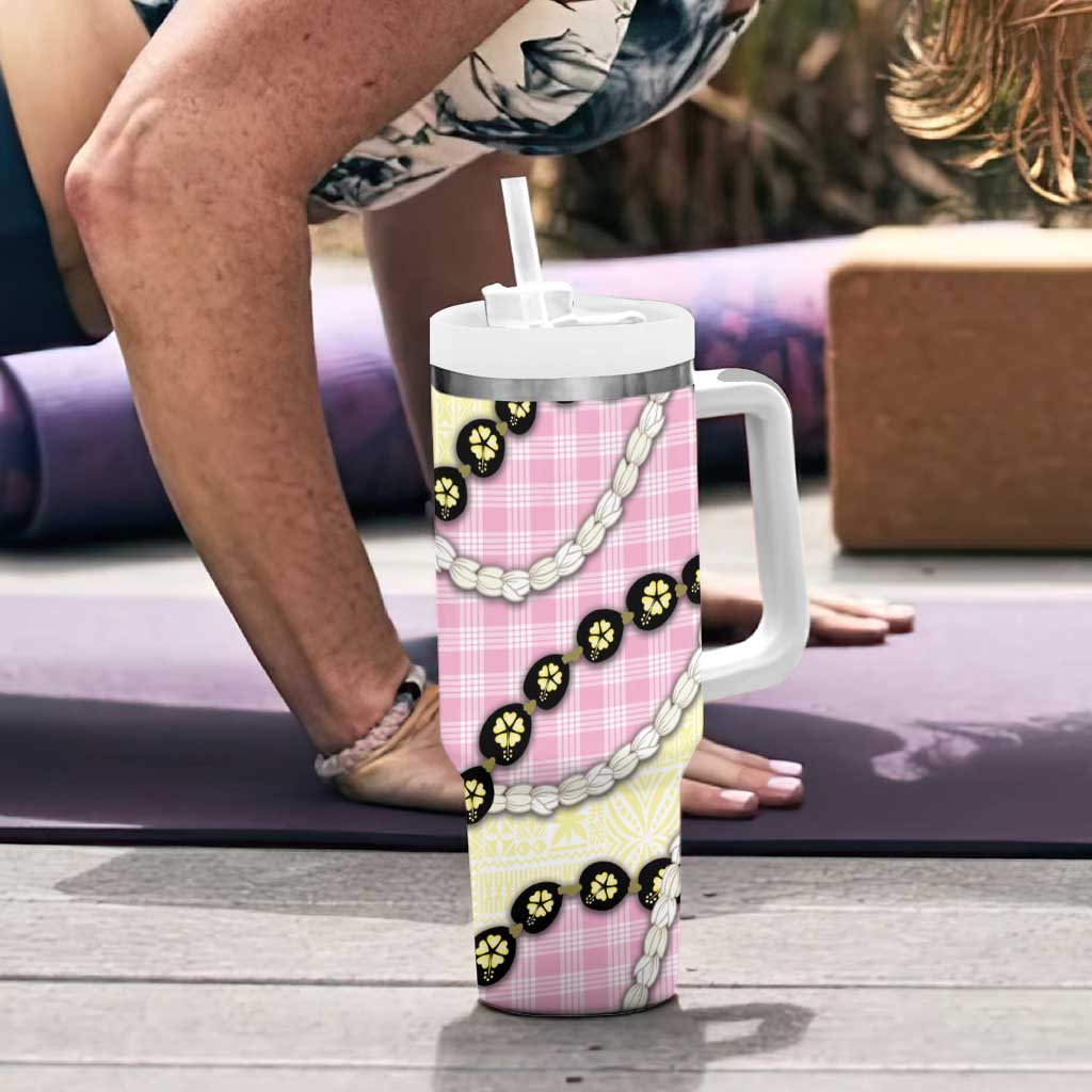 Pink Palaka Hawaii Tumbler With Handle Kukui Nut Pikake Lei Hawaiian Tapa Pattern - Polynesian Pride