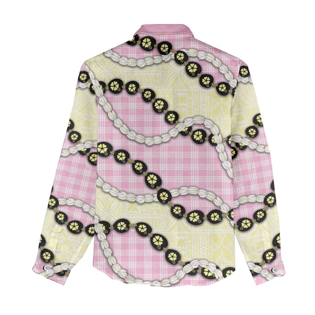Pink Palaka Hawaii Women Casual Shirt Kukui Nut Pikake Lei Hawaiian Tapa Pattern - Polynesian Pride