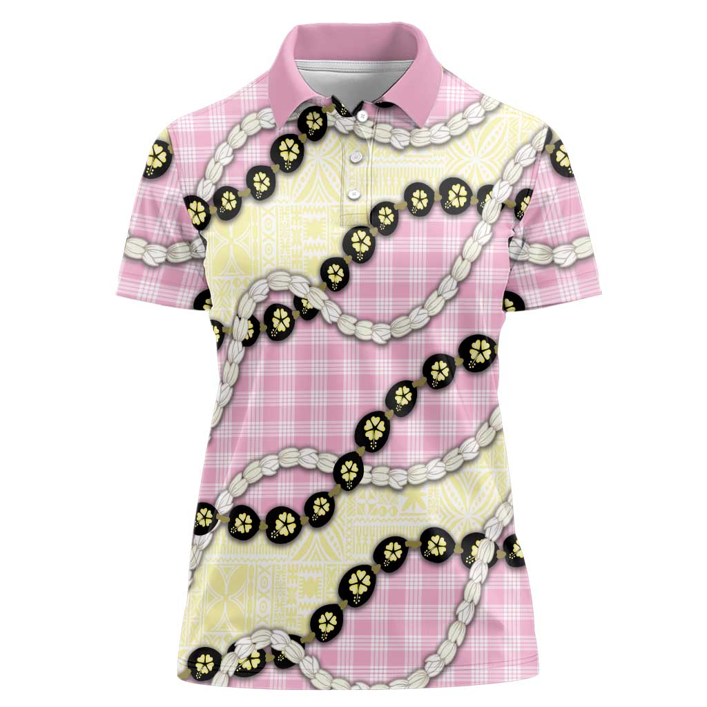 Pink Palaka Hawaii Women Polo Shirt Kukui Nut Pikake Lei Hawaiian Tapa Pattern - Polynesian Pride