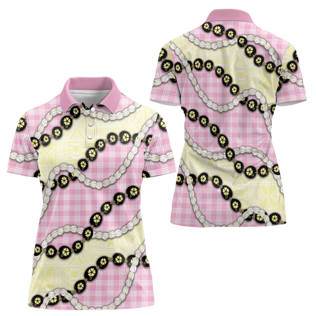 Pink Palaka Hawaii Women Polo Shirt Kukui Nut Pikake Lei Hawaiian Tapa Pattern - Polynesian Pride