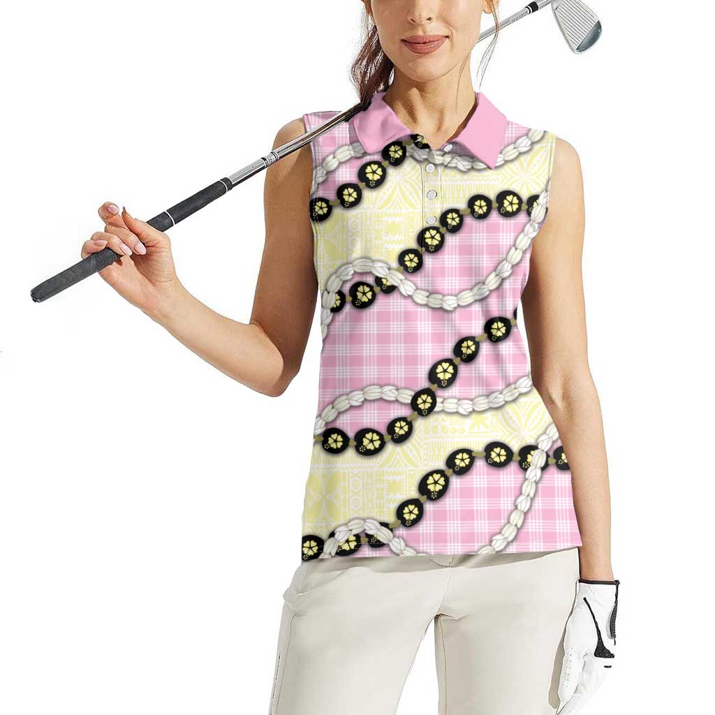 Pink Palaka Hawaii Women Sleeveless Polo Shirt Kukui Nut Pikake Lei Hawaiian Tapa Pattern - Polynesian Pride