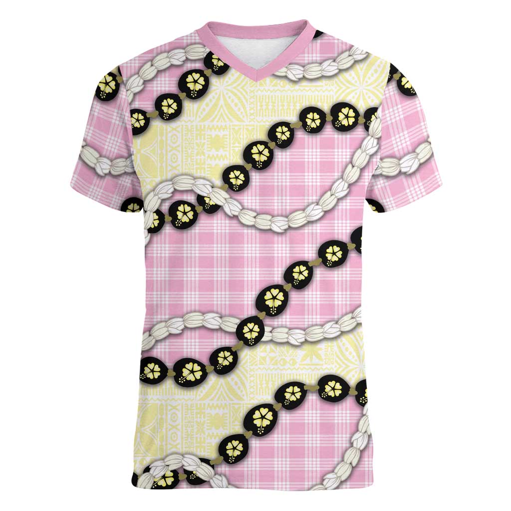Pink Palaka Hawaii Women V-Neck T-Shirt Kukui Nut Pikake Lei Hawaiian Tapa Pattern - Polynesian Pride