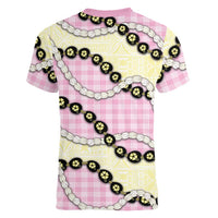 Pink Palaka Hawaii Women V-Neck T-Shirt Kukui Nut Pikake Lei Hawaiian Tapa Pattern - Polynesian Pride