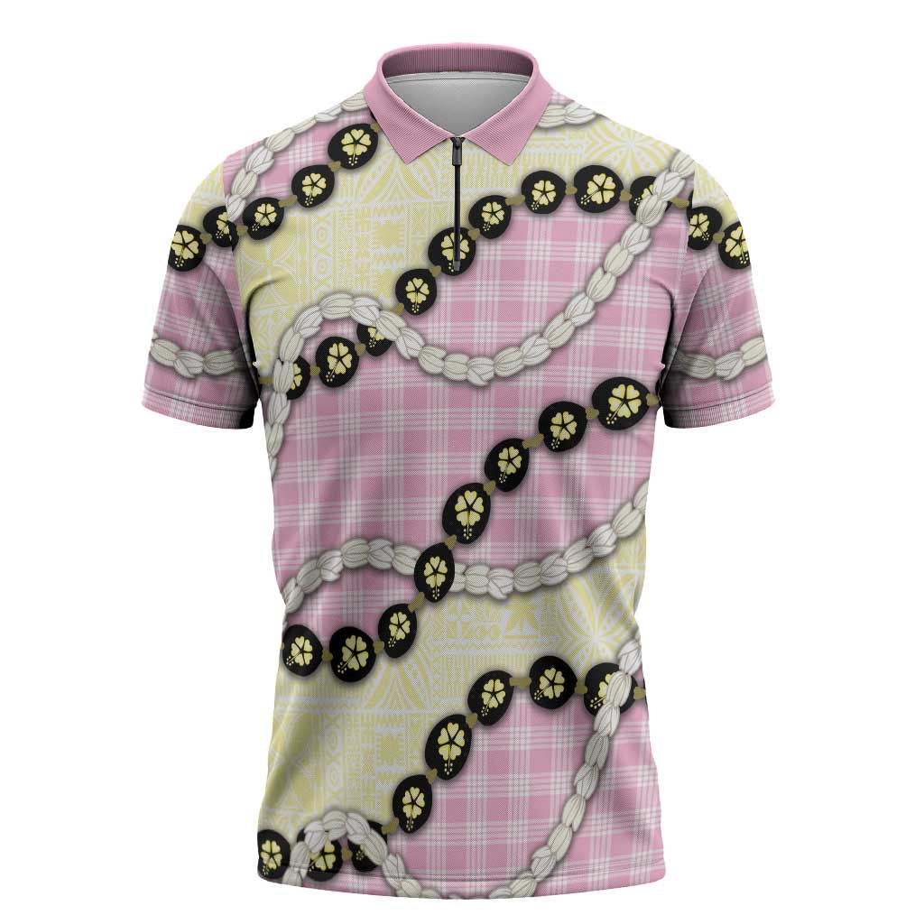 Pink Palaka Hawaii Zipper Polo Shirt Kukui Nut Pikake Lei Hawaiian Tapa Pattern - Polynesian Pride