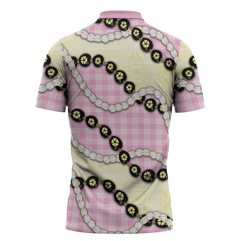 Pink Palaka Hawaii Zipper Polo Shirt Kukui Nut Pikake Lei Hawaiian Tapa Pattern - Polynesian Pride