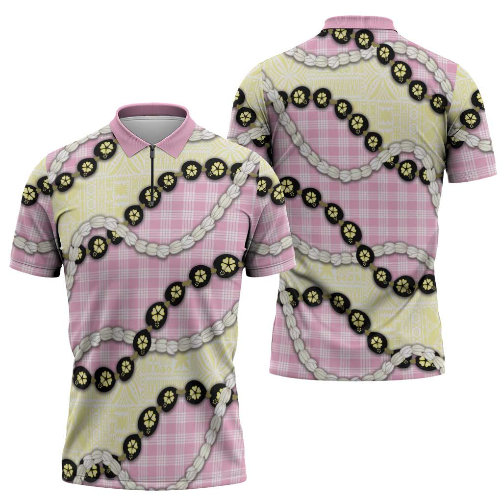 Pink Palaka Hawaii Zipper Polo Shirt Kukui Nut Pikake Lei Hawaiian Tapa Pattern - Polynesian Pride