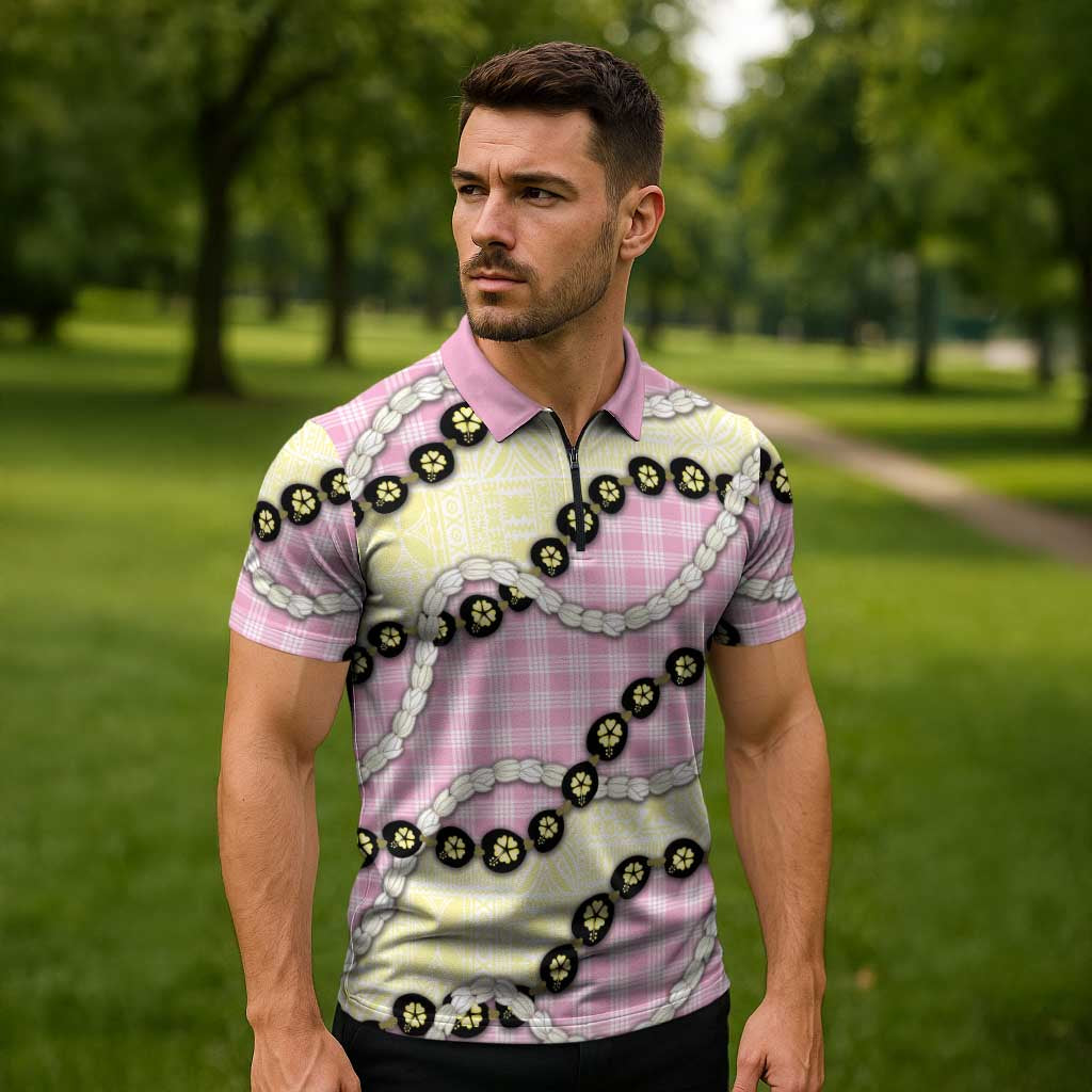Pink Palaka Hawaii Zipper Polo Shirt Kukui Nut Pikake Lei Hawaiian Tapa Pattern - Polynesian Pride