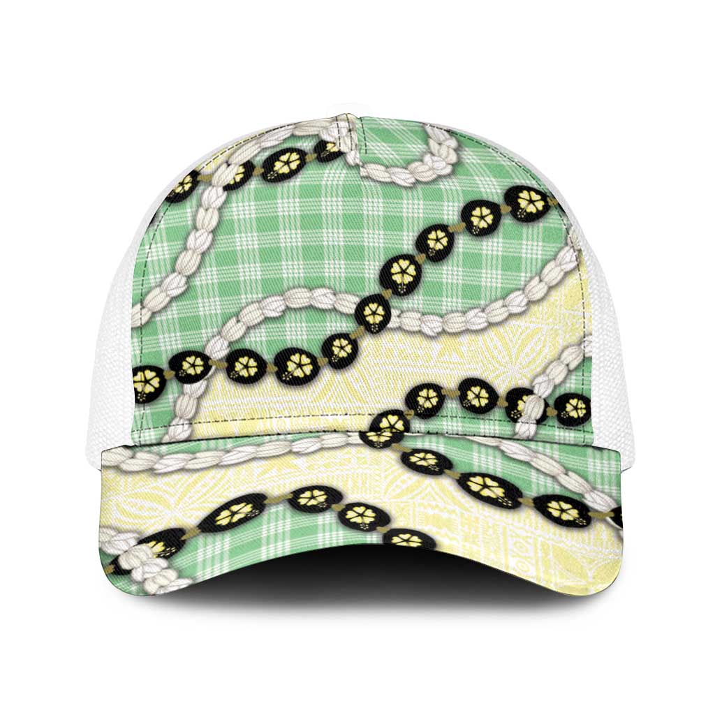 Green Palaka Hawaii Baseball Net Cap Kukui Nut Pikake Lei Hawaiian Tapa Pattern LT14 One Size White Green - Polynesian Pride
