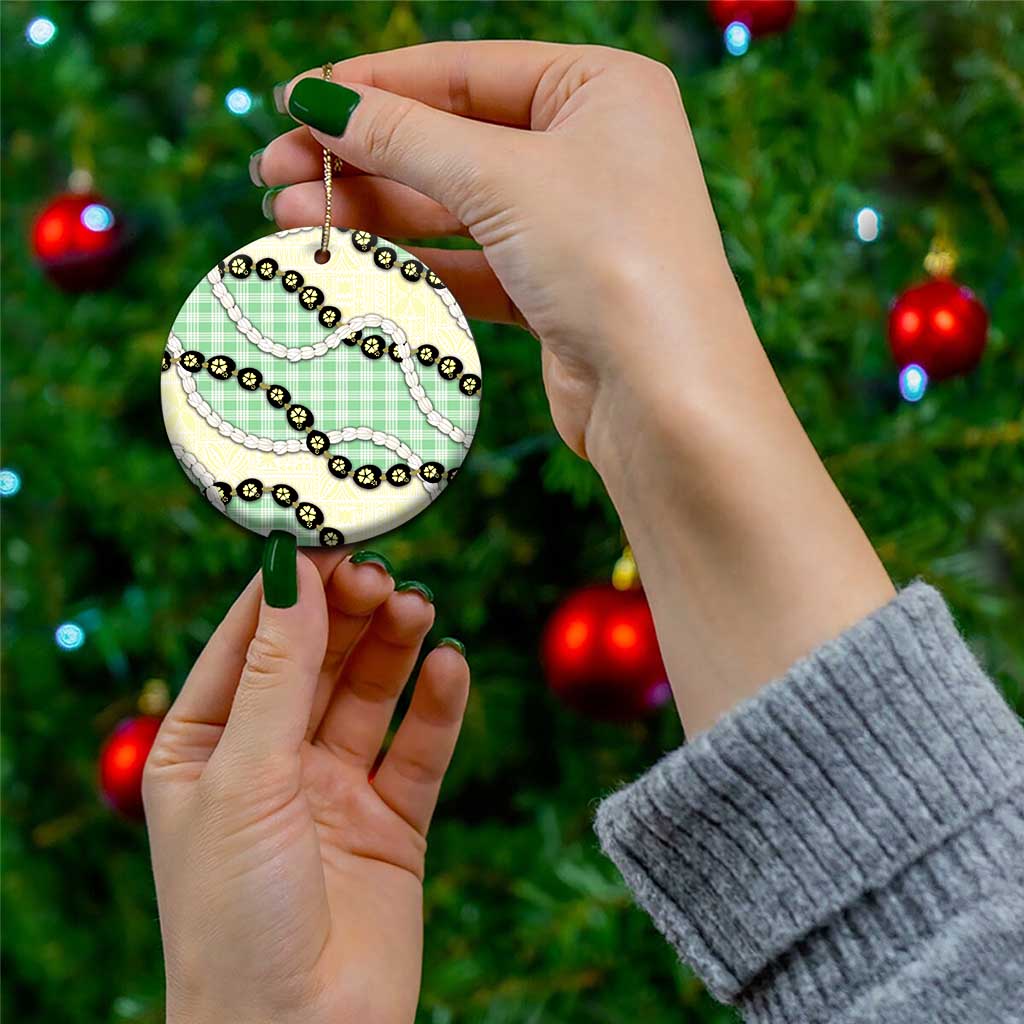 Green Palaka Hawaii Ceramic Ornament Kukui Nut Pikake Lei Hawaiian Tapa Pattern - Polynesian Pride