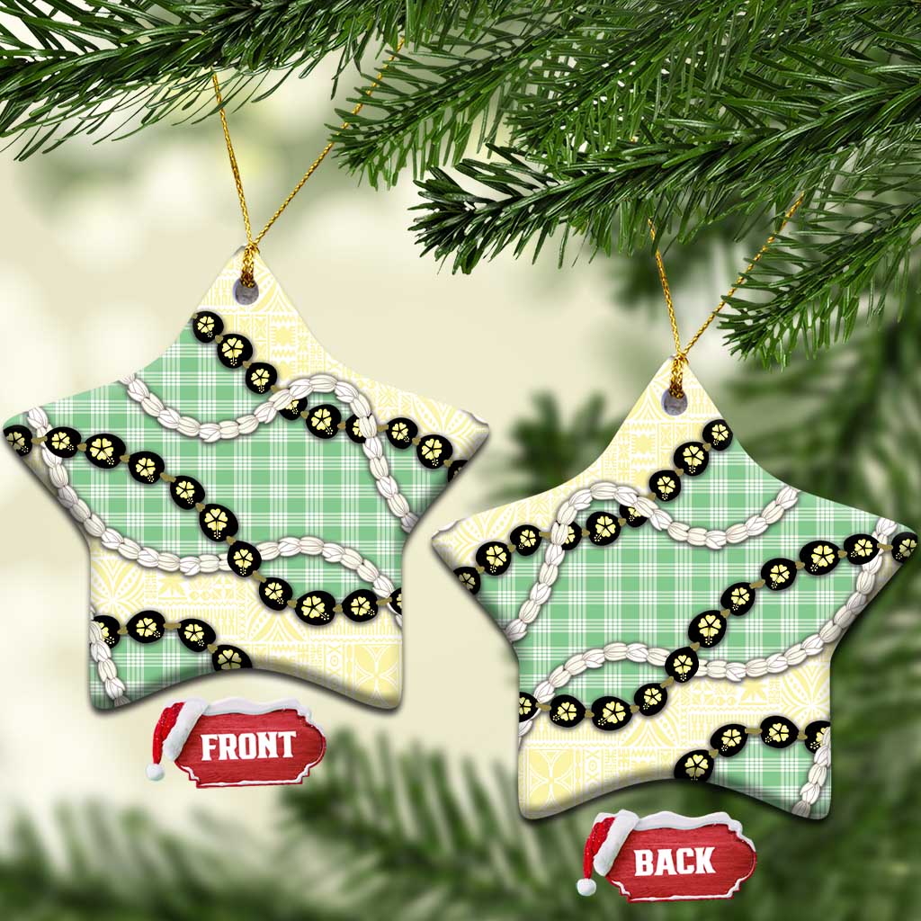 Green Palaka Hawaii Ceramic Ornament Kukui Nut Pikake Lei Hawaiian Tapa Pattern - Polynesian Pride