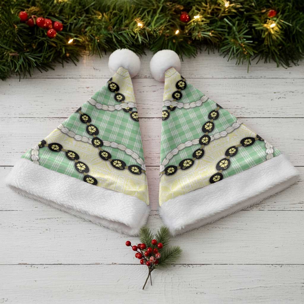 Green Palaka Hawaii Christmas Santa Hat Kukui Nut Pikake Lei Hawaiian Tapa Pattern - Polynesian Pride