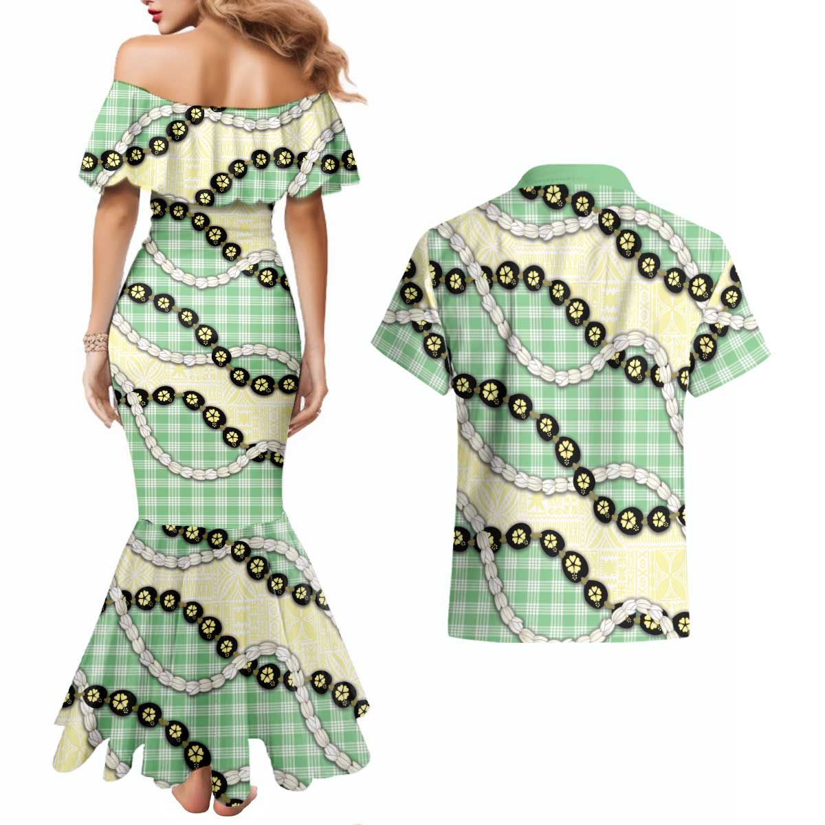 Green Palaka Hawaii Couples Matching Mermaid Dress and Hawaiian Shirt Kukui Nut Pikake Lei Hawaiian Tapa Pattern LT14 - Polynesian Pride